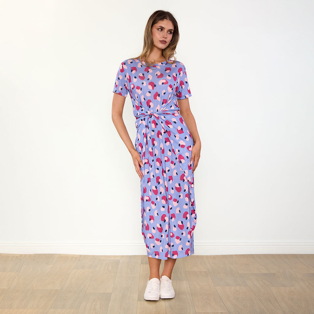 Alana Dress in blue and wine abstract print – women's dress – view 9