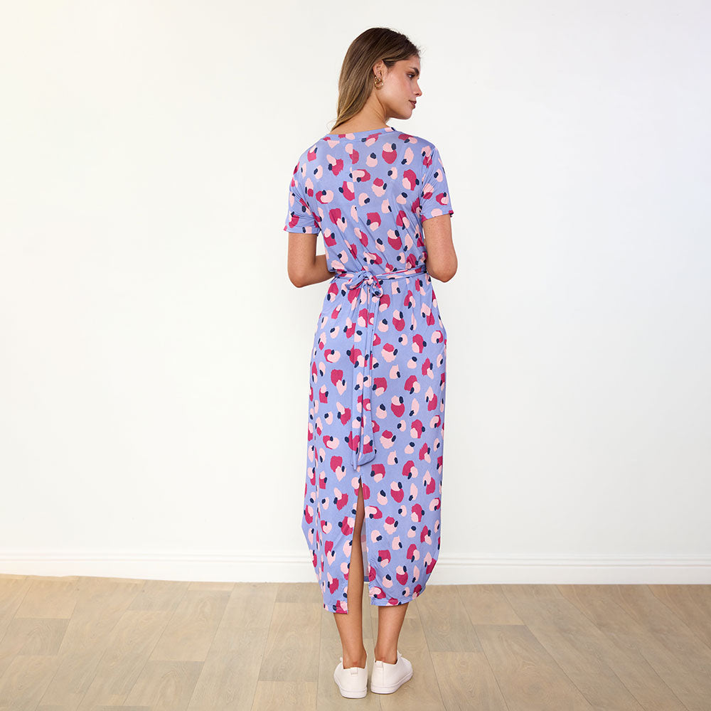 Alana Dress in blue and wine abstract print – women's dress – view 11