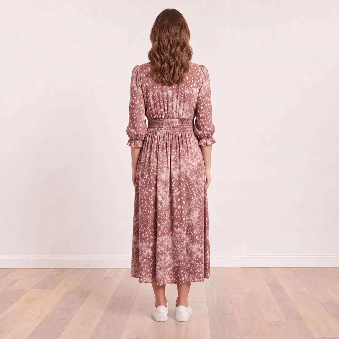 Aoife Wrap Dress (Brown Spot) on model Aisling - Back View