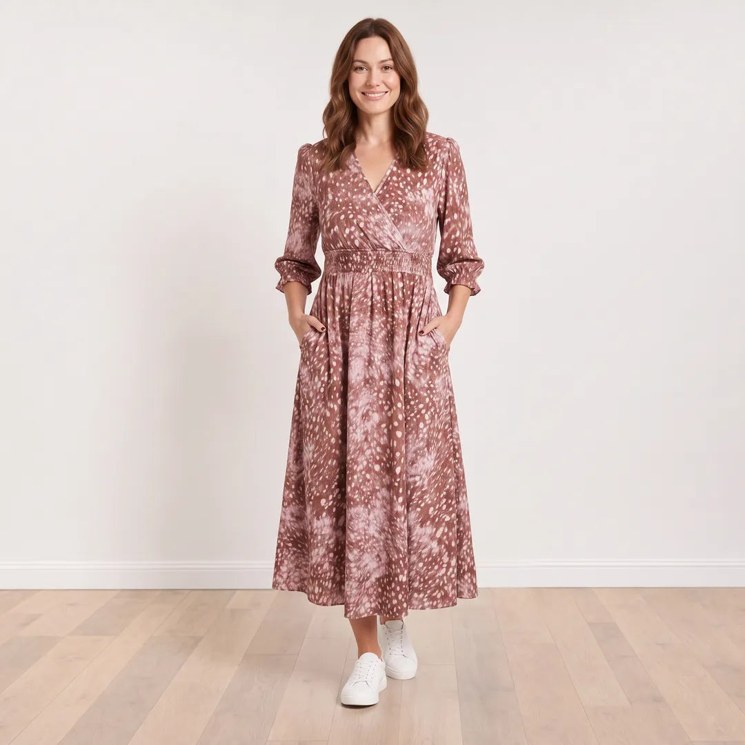Aoife Wrap Dress (Brown Spot) on model Aisling - Front View