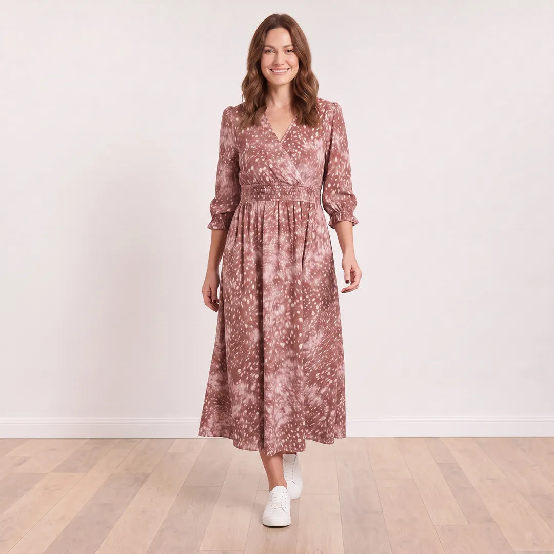 Aoife Wrap Dress (Brown Spot) on model Aisling - Walking View