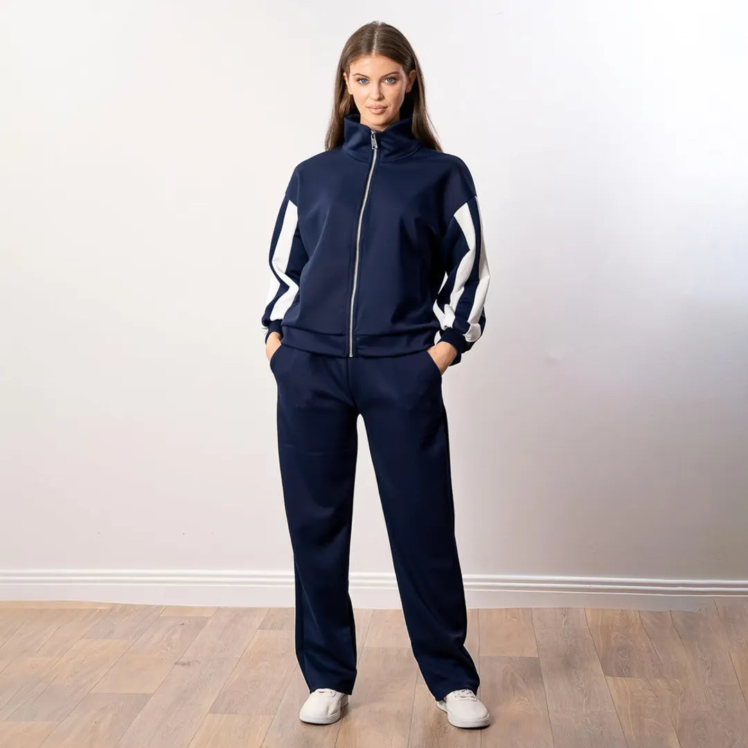 Aubree Co-ord in navy, front view with hands in pockets