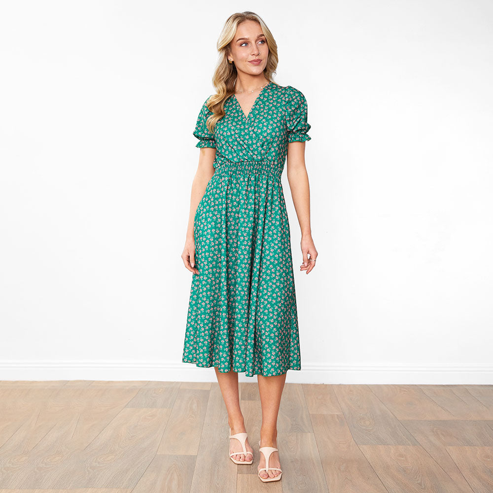 Belle Dress (Green/Pink Blossom)