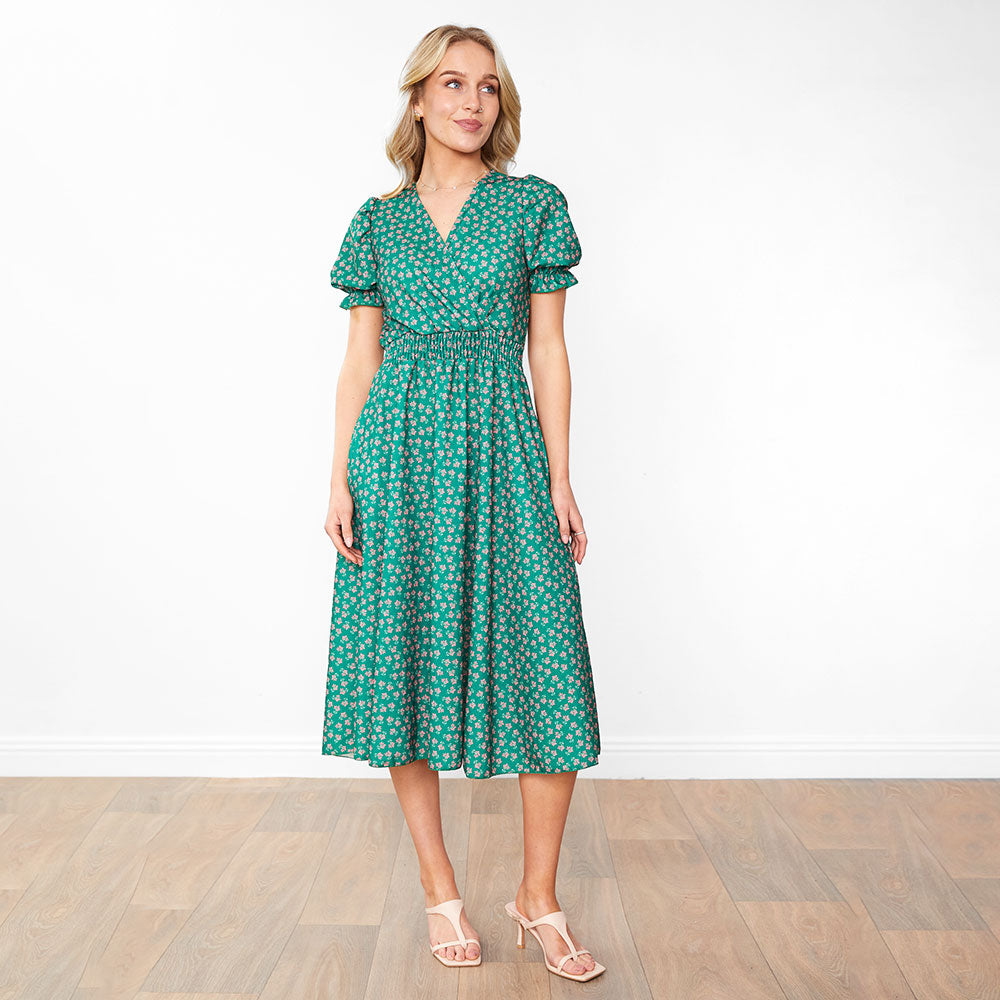 Belle Dress (Green/Pink Blossom)
