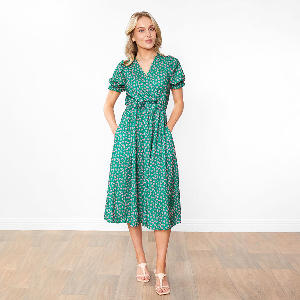 Belle Dress (Green/Pink Blossom)