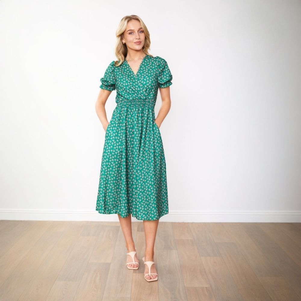 Belle Dress (Green/Pink Blossom)