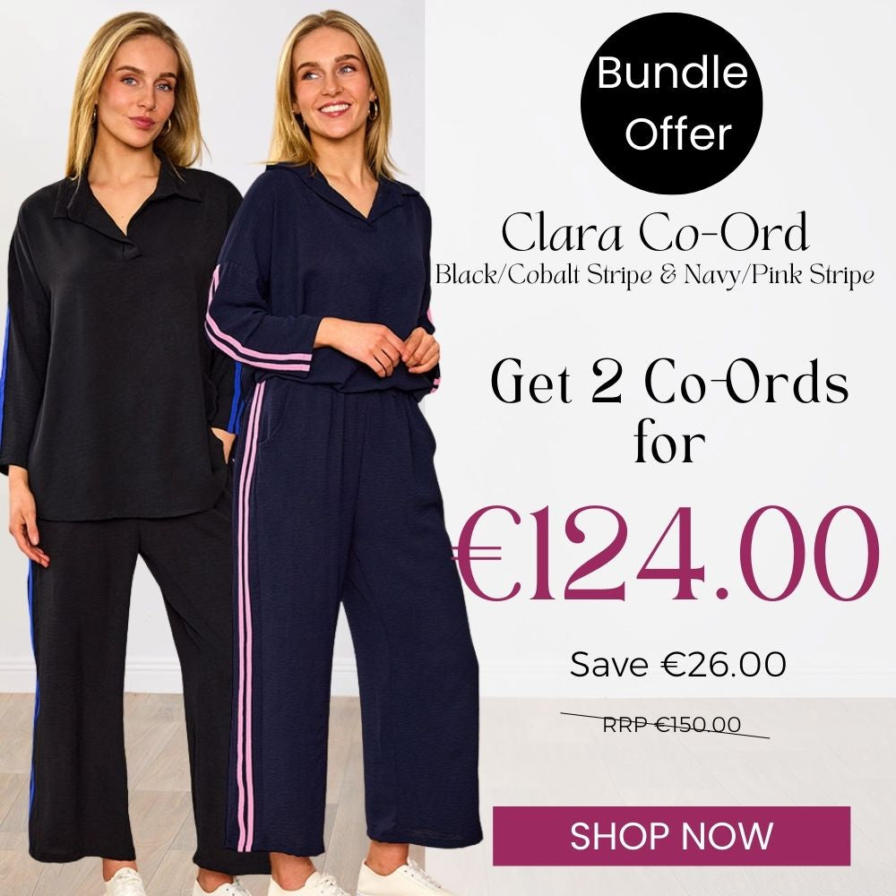 Clara Co-Ord bundle in black cobalt and navy pink stripes – two women's co-ord sets