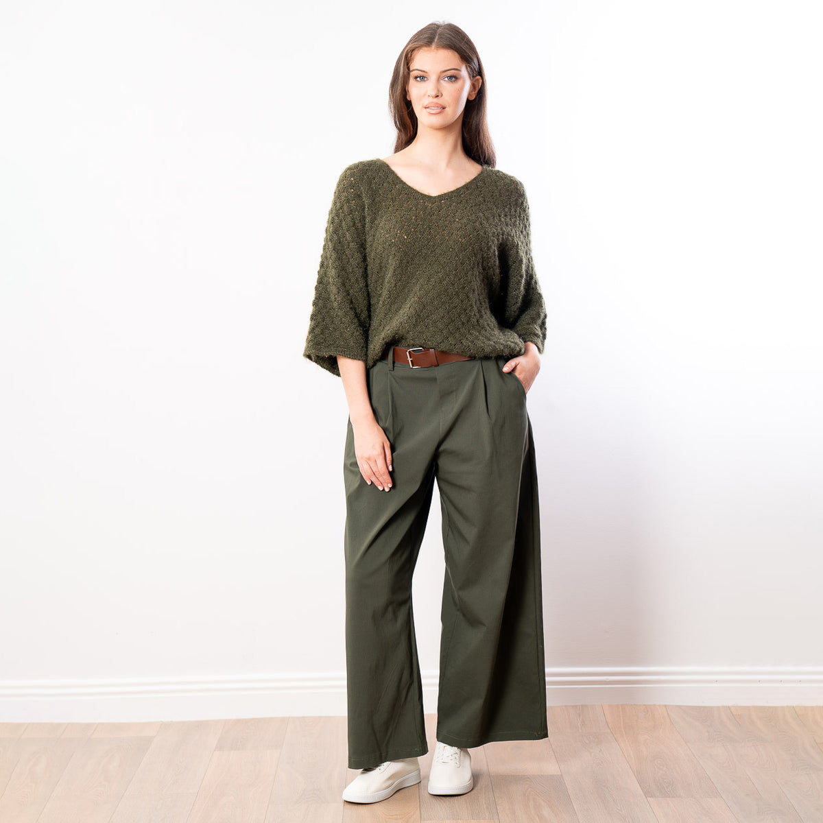 Emily V Neck Batwing Top (Khaki)