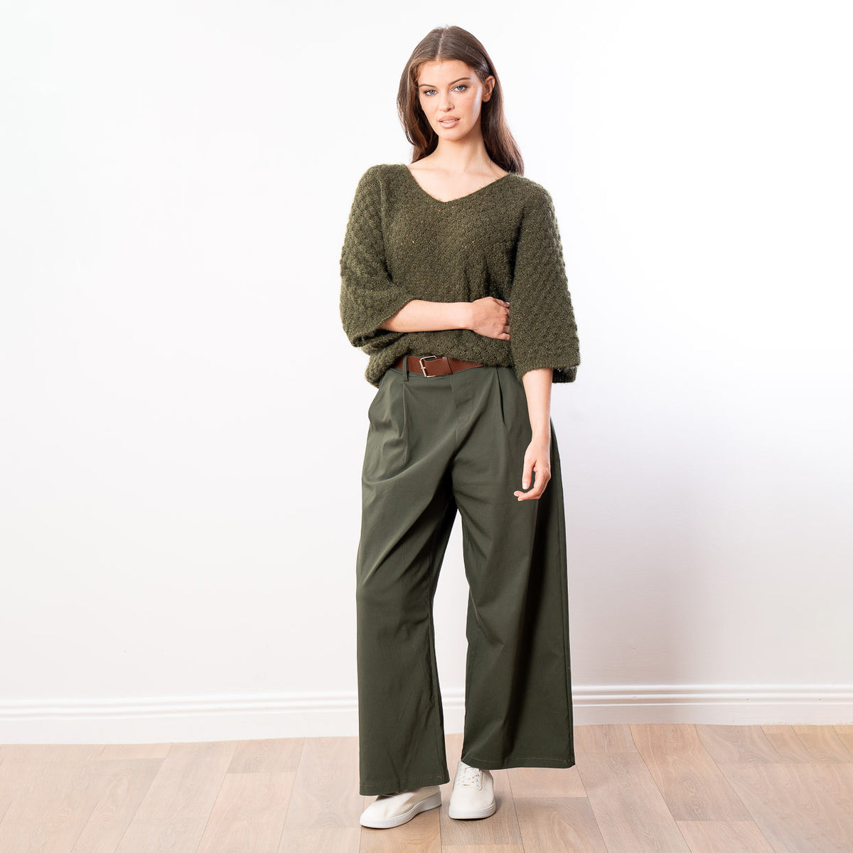 Emily V Neck Batwing Top (Khaki)