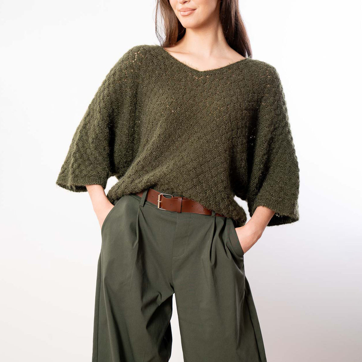 Emily V Neck Batwing Top (Khaki)