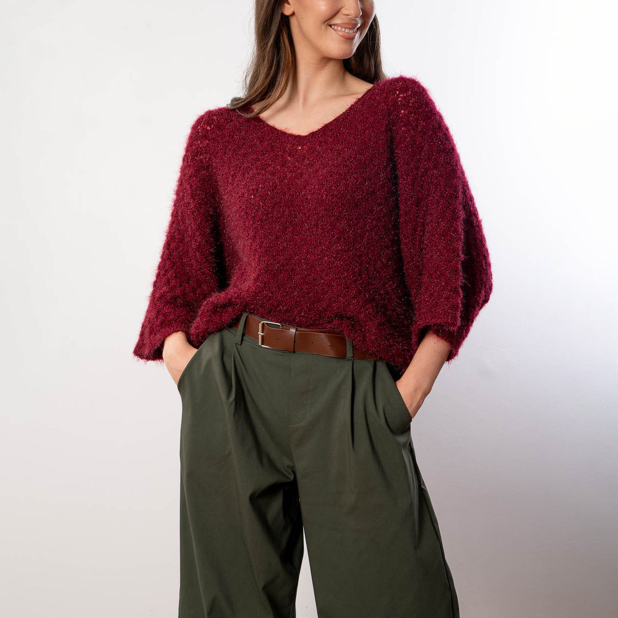 Emily V Neck Batwing Top (Wine)