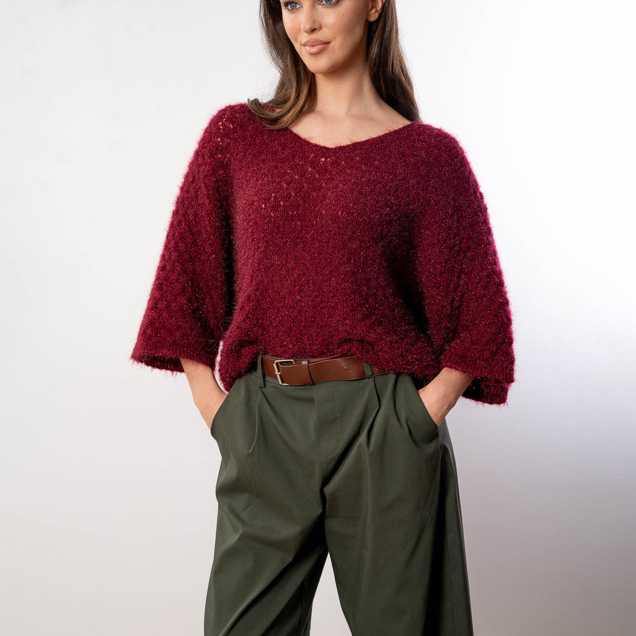 Emily V Neck Batwing Top (Wine)