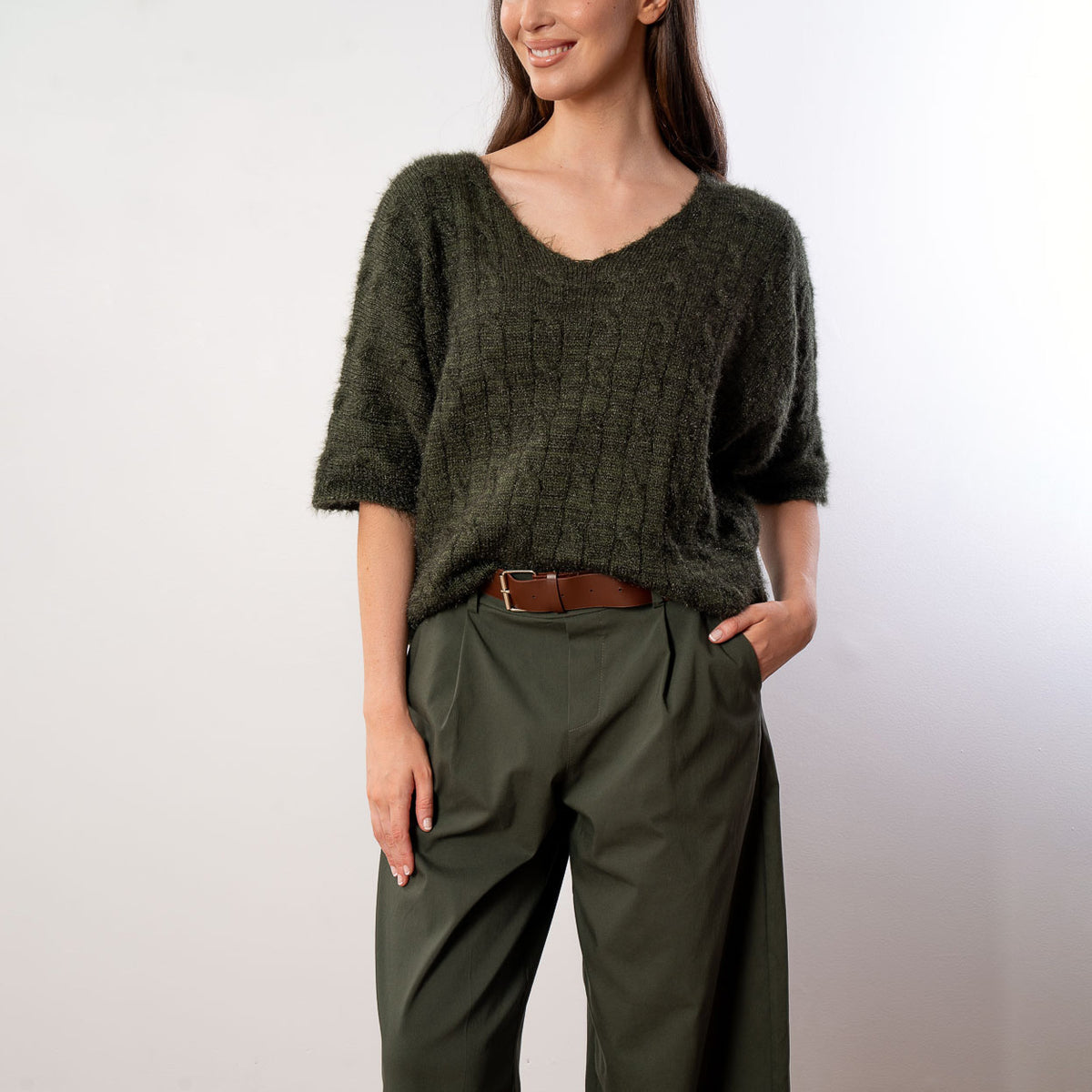 Anna V Neck Top (Khaki)