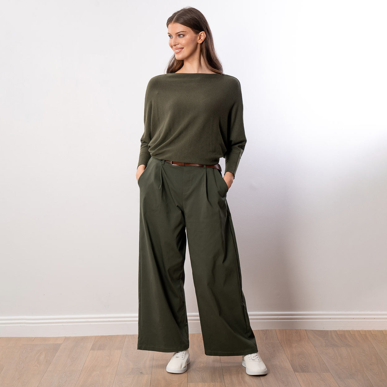 Mariah Batwing Fine Knit Top (Khaki)