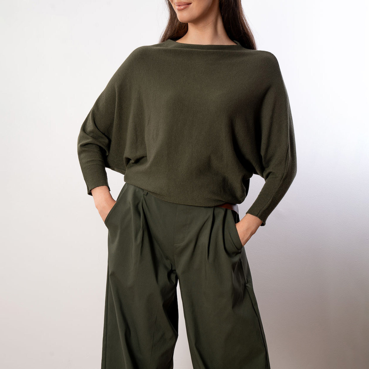 Mariah Batwing Fine Knit Top (Khaki)