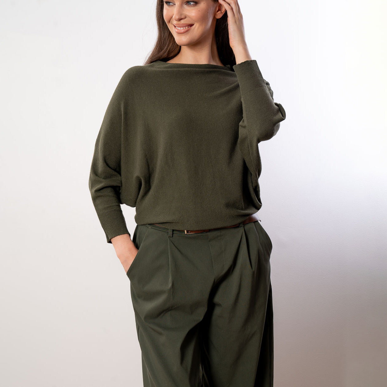 Mariah Batwing Fine Knit Top (Khaki)