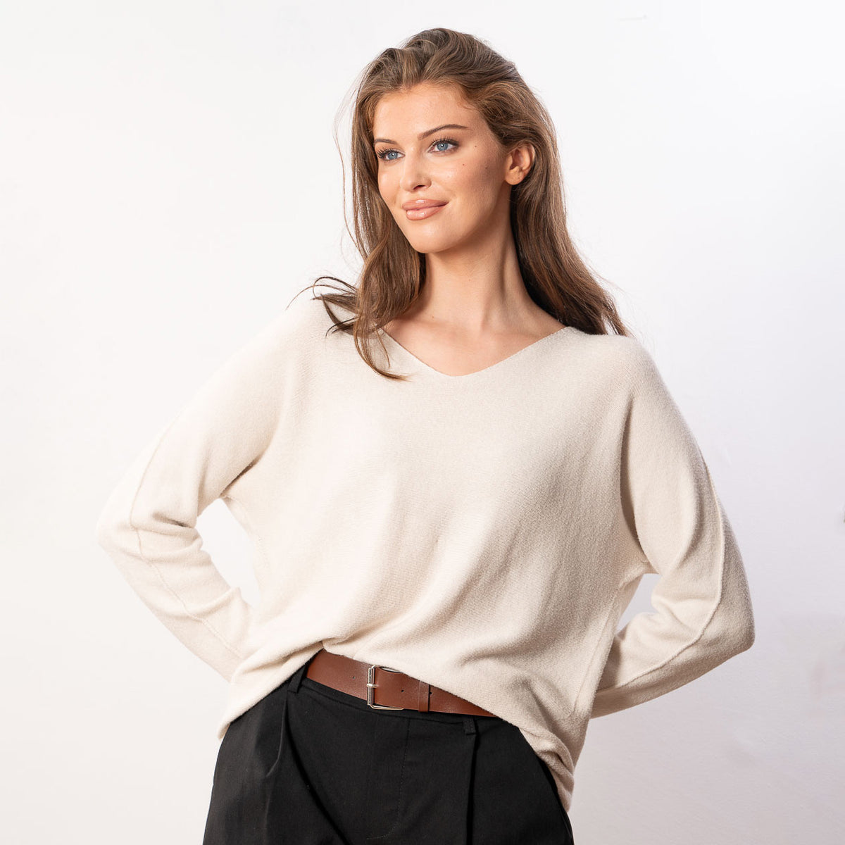 Kylie V Neck Jumper in cream – v neckline, long sleeves, image 10