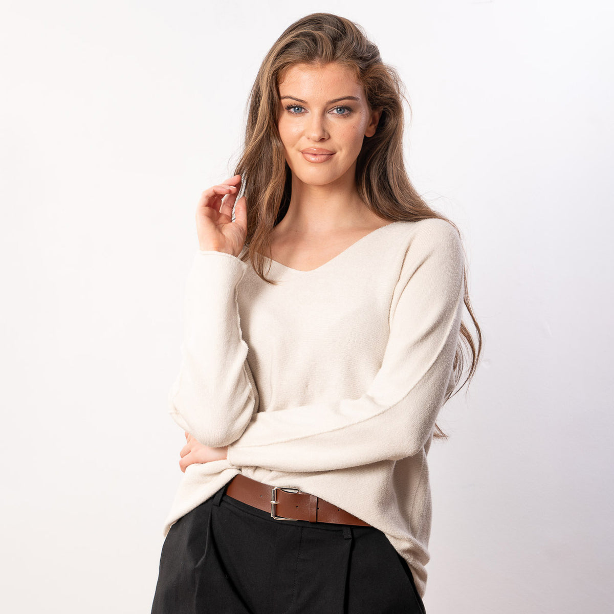 Kylie V Neck Jumper in cream – v neckline, long sleeves, image 11