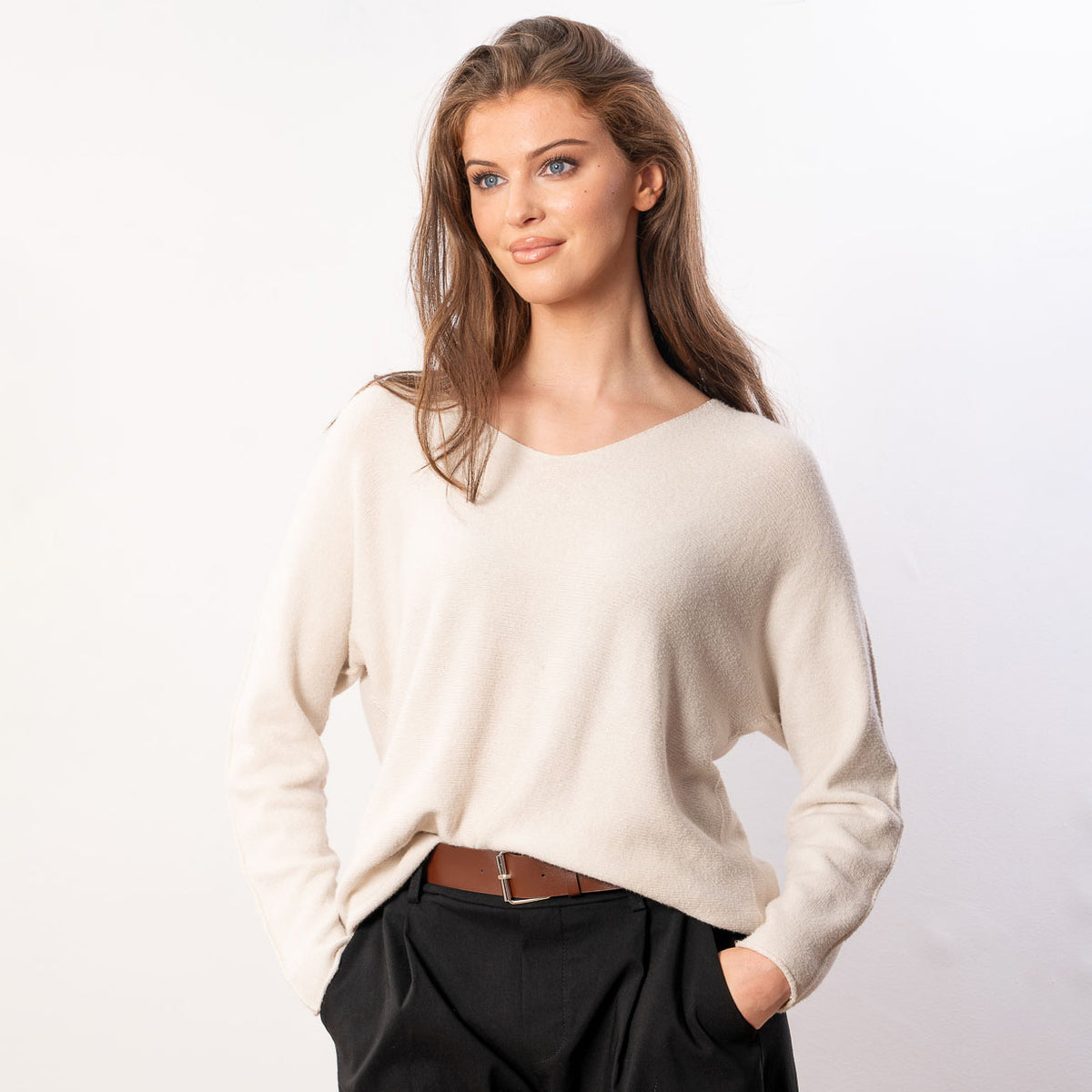 Kylie V Neck Jumper in cream – v neckline, long sleeves, image 12