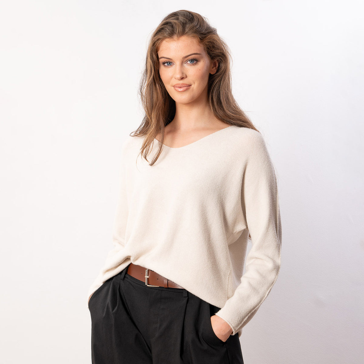 Kylie V Neck Jumper in cream – v neckline, long sleeves, image 13