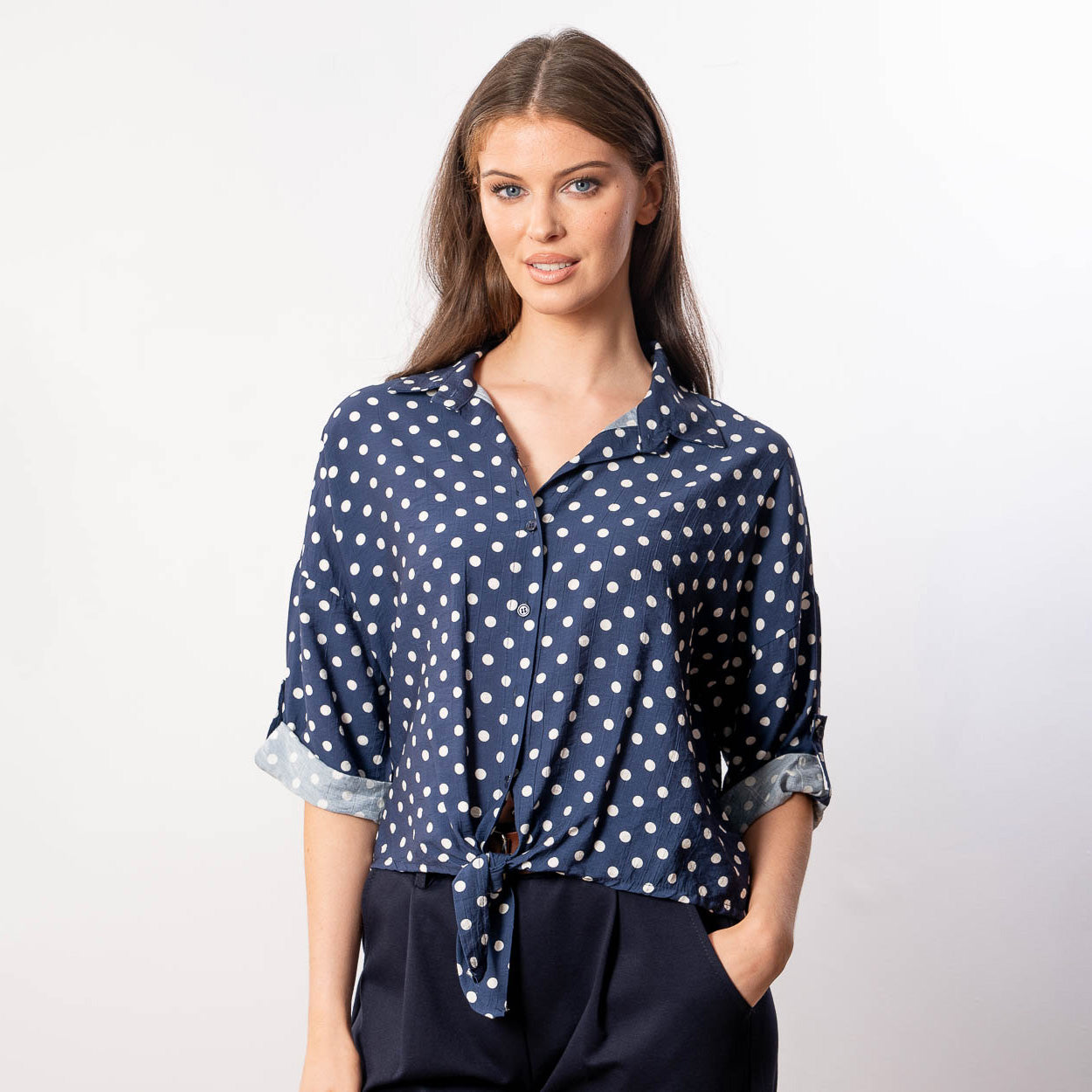 Julia Top (Navy Polka Dot)