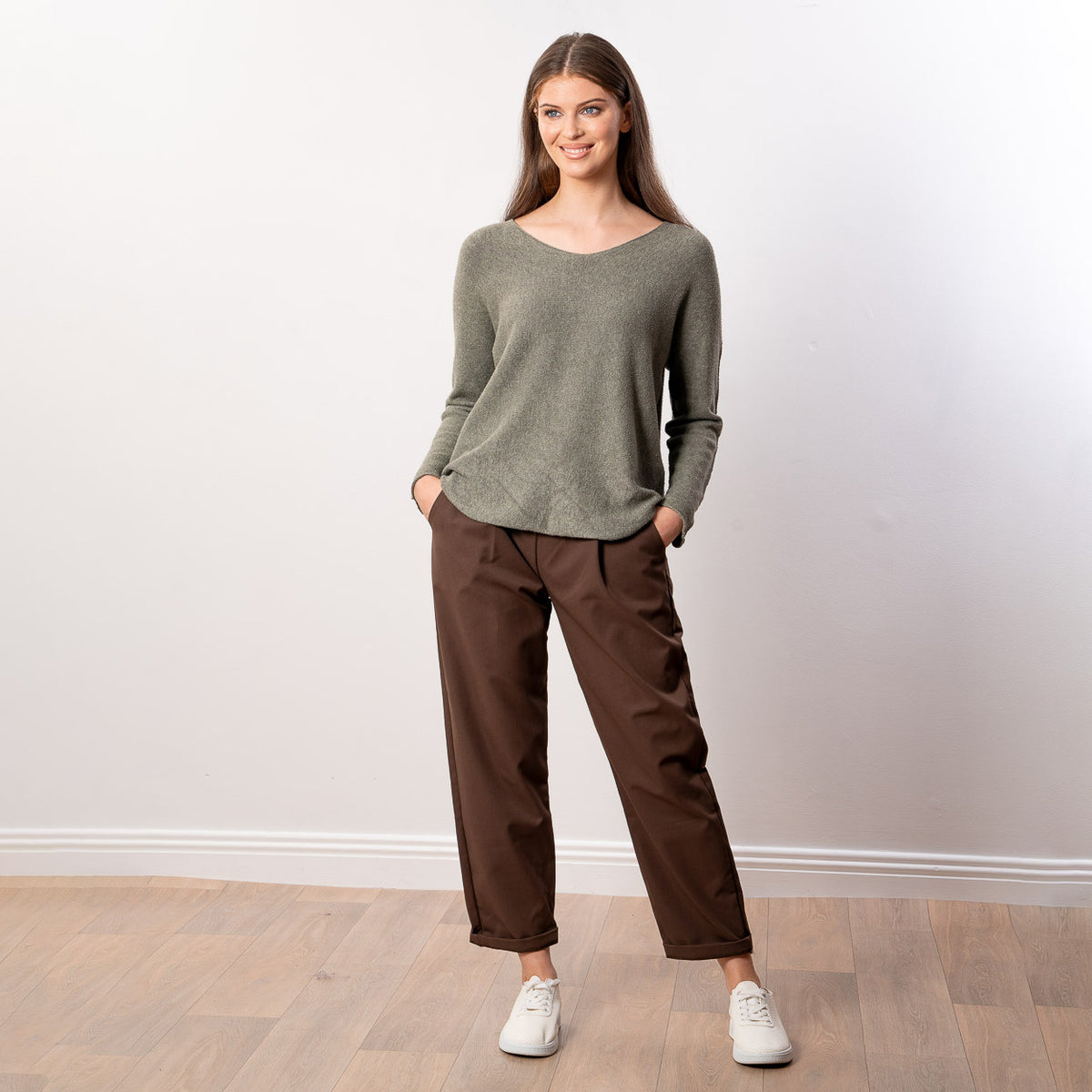 Kylie V Neck Jumper in khaki – v neckline, long sleeves, image 6