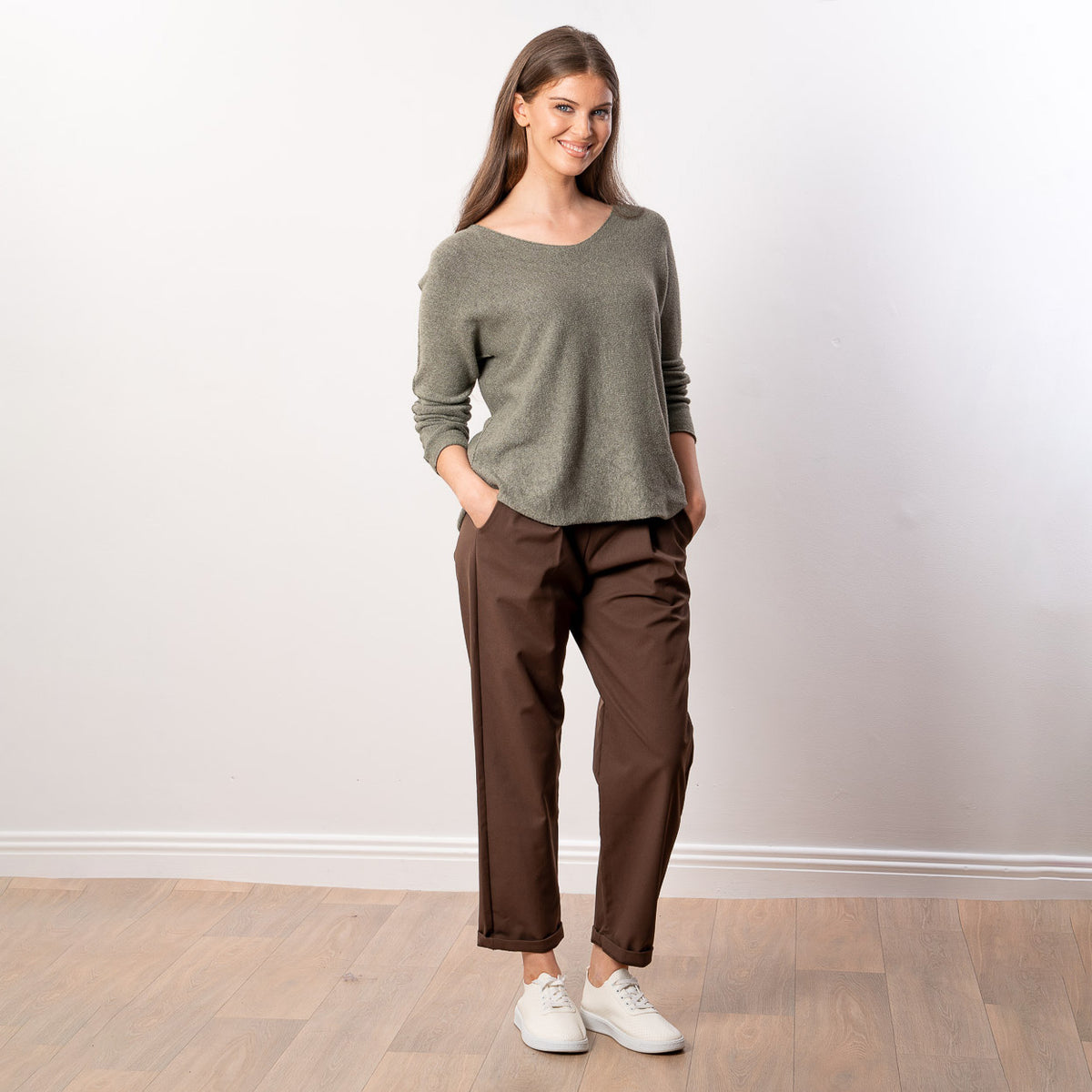 Kylie V Neck Jumper in khaki – v neckline, long sleeves, image 4