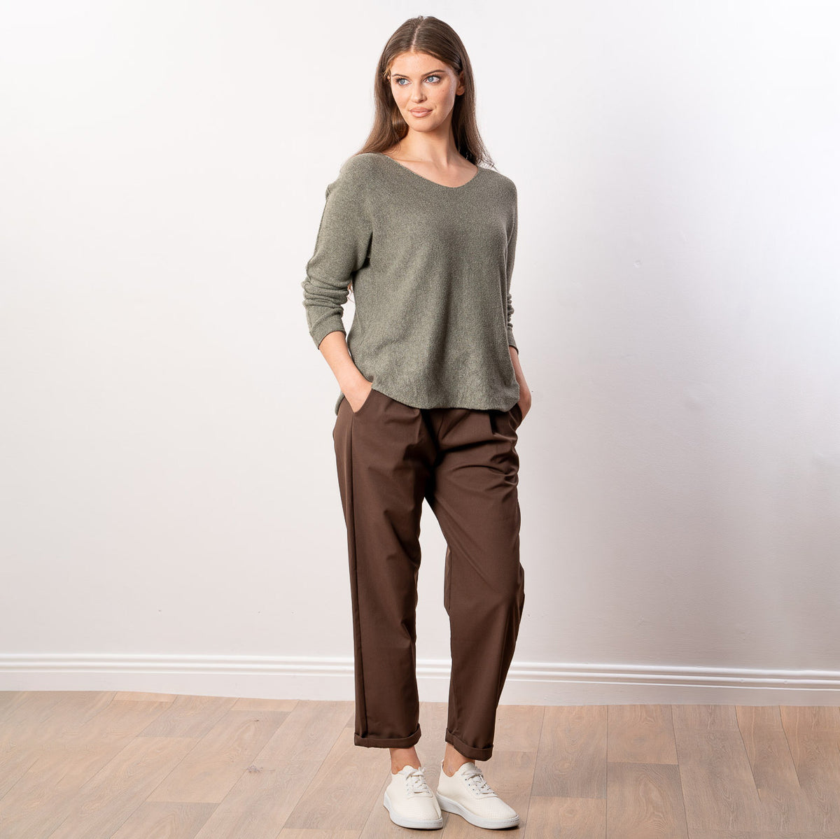 Kylie V Neck Jumper in khaki – v neckline, long sleeves, image 11