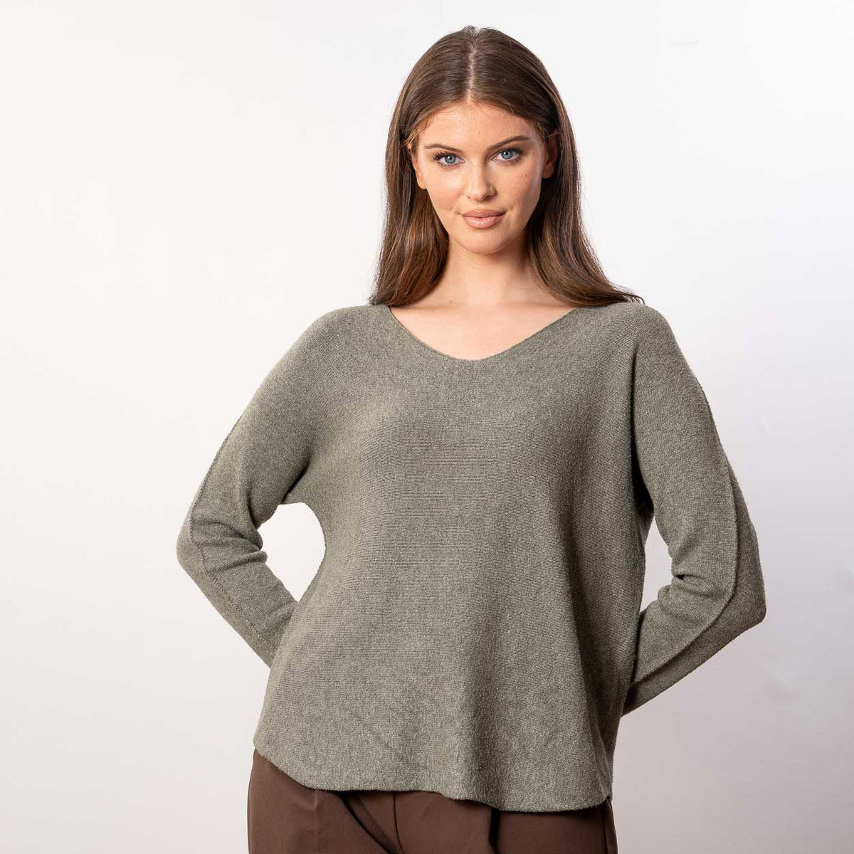 Kylie V Neck Jumper in khaki – v neckline, long sleeves, image 14