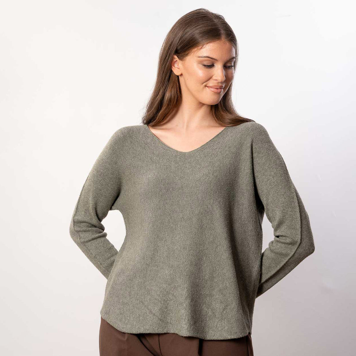 Kylie V Neck Jumper in khaki – v neckline, long sleeves, image 16