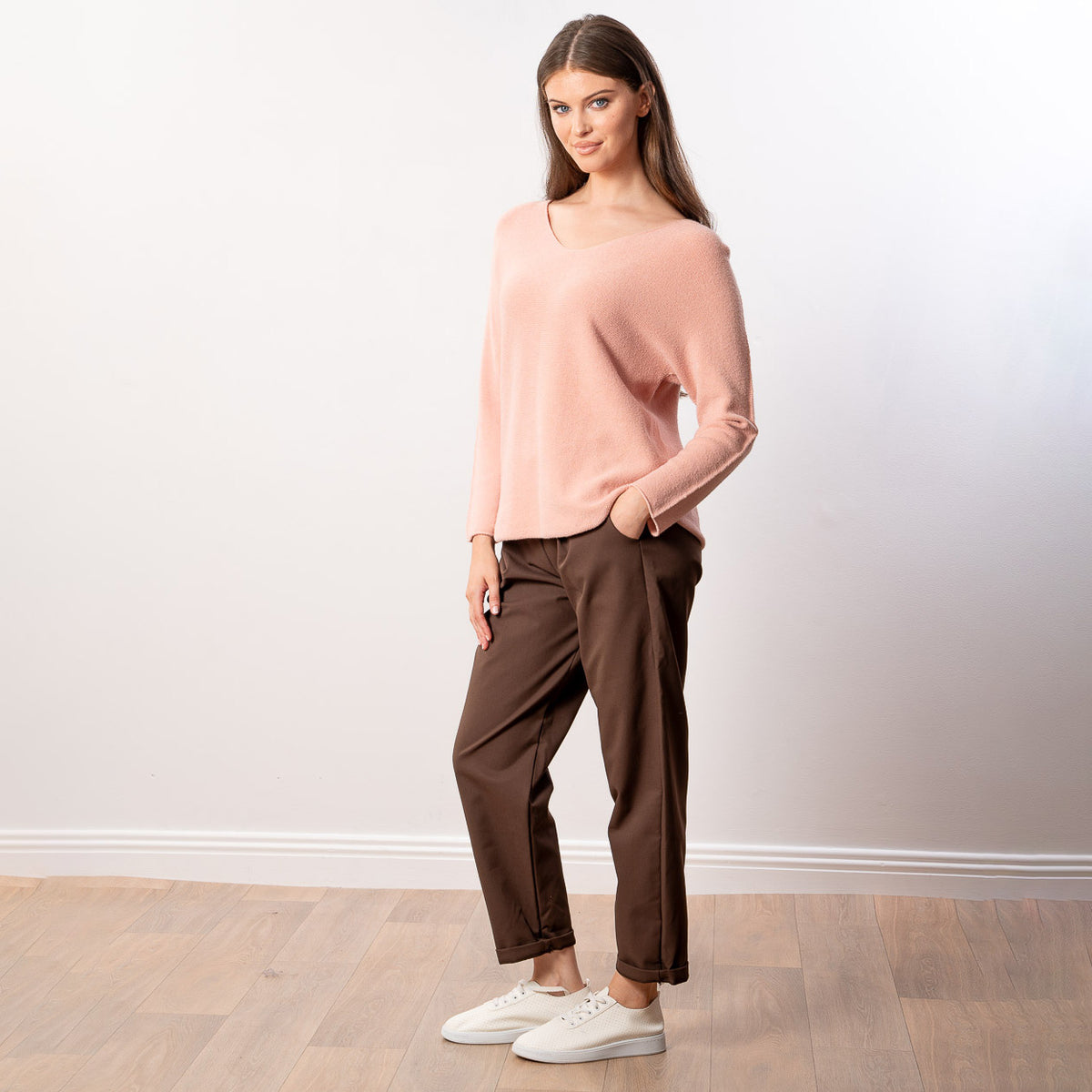 Kylie V Neck Jumper in peach – v neckline, long sleeves, image 4