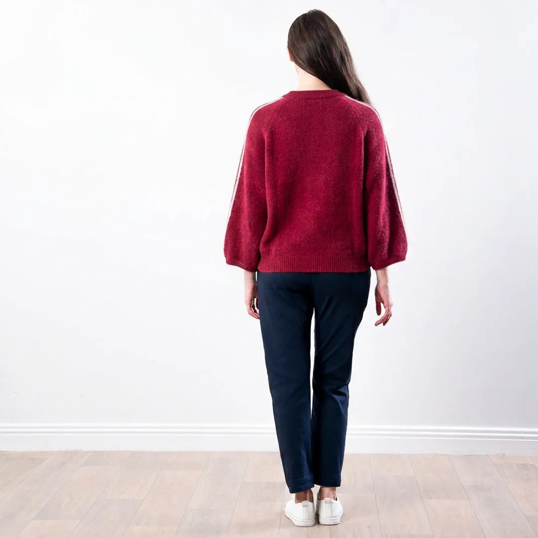 Debbie Knit Jumper Stripe in wine, back view showing cream raglan sleeve stripes
