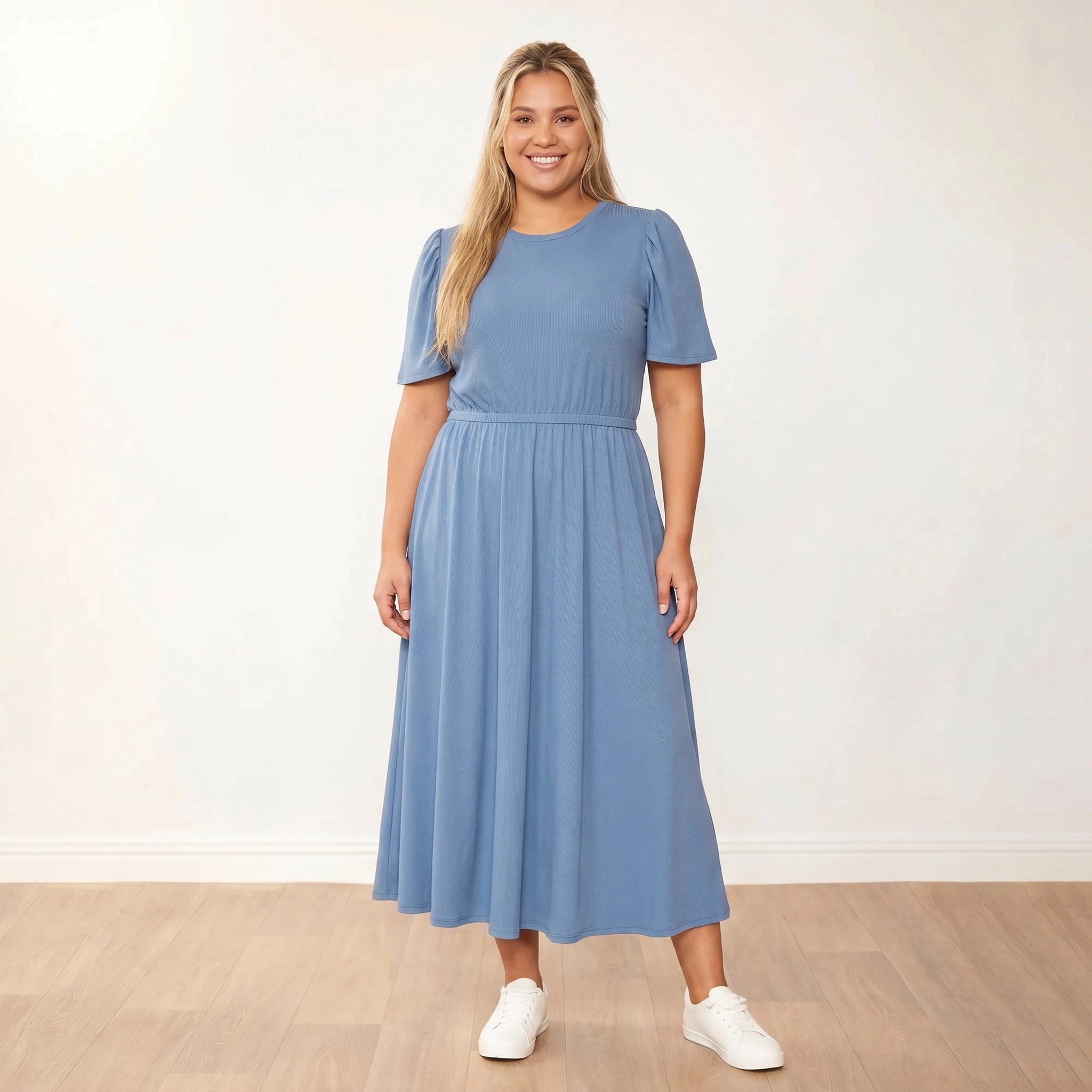 Eilish Dress Blue - plus size front smile
