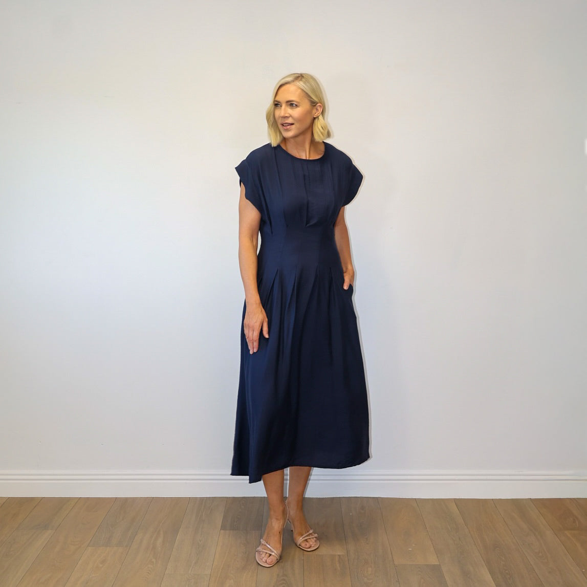 Elise Pleated Midi Dress (Navy)