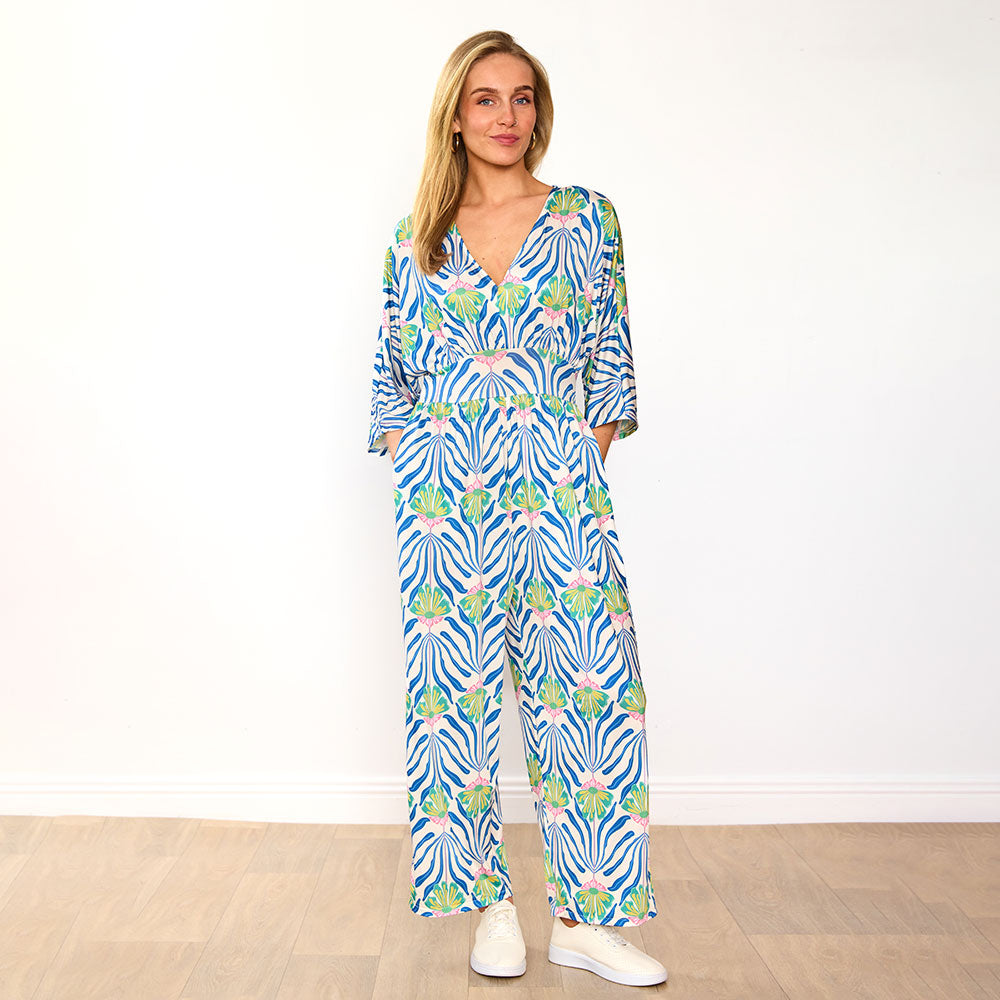 Ester Jumpsuit (Blue Palm Print)