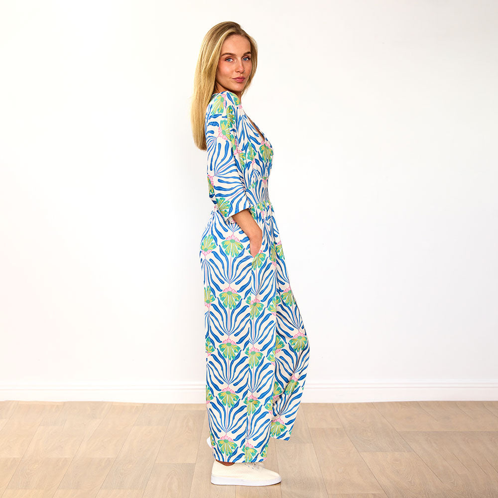 Ester Jumpsuit (Blue Palm Print)