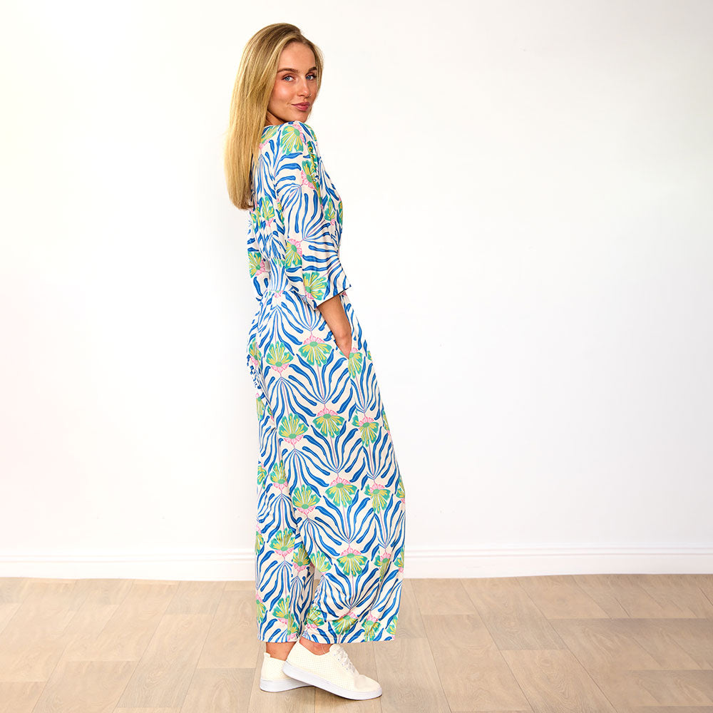 Ester Jumpsuit (Blue Palm Print)