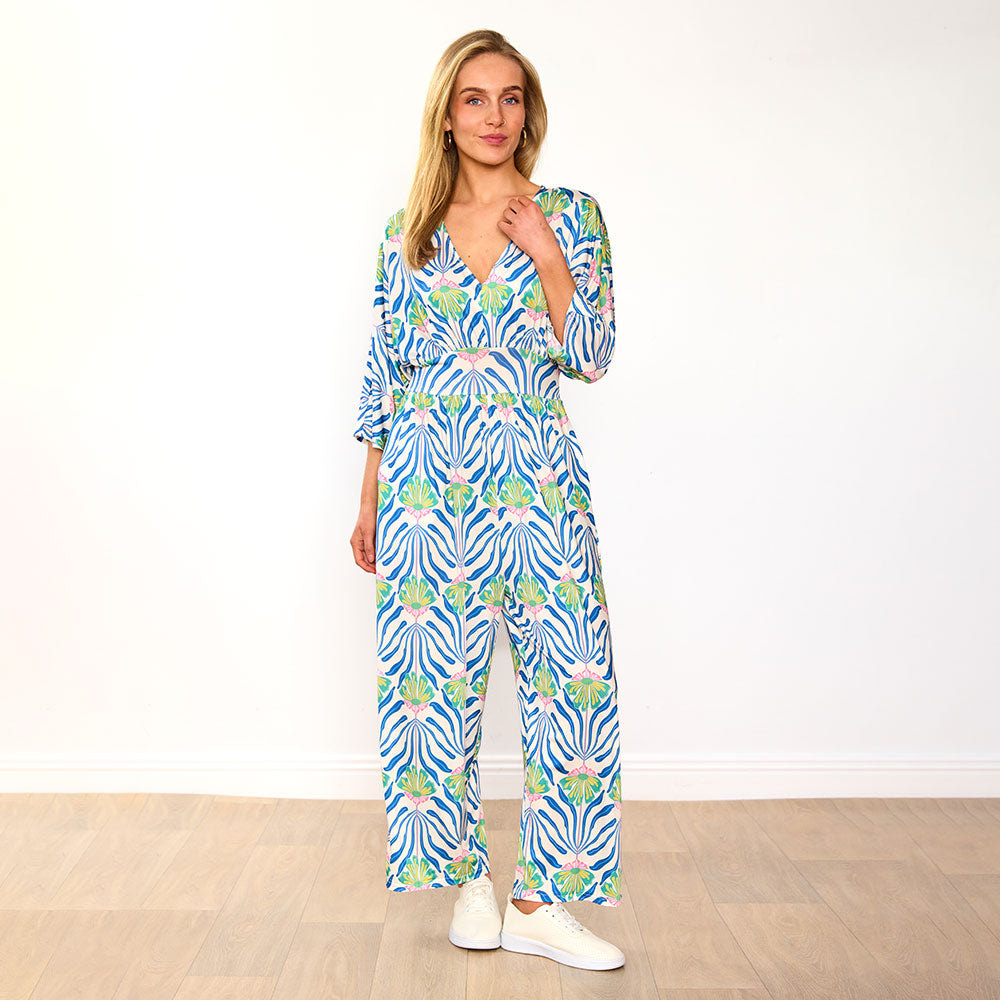 Ester Jumpsuit (Blue Palm Print)