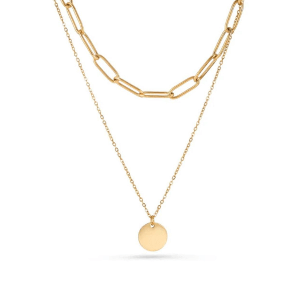 Chain Link Double Layer Circle Pendant Necklace (Gold)
