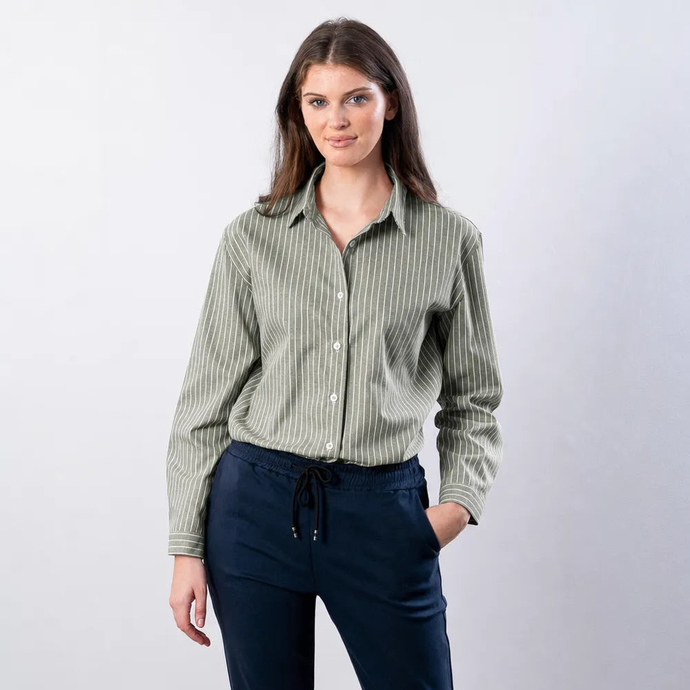 Close front view of the Fallon Stripe Shirt in green with white pinstripes, showing the collar, button placket and relaxed fit