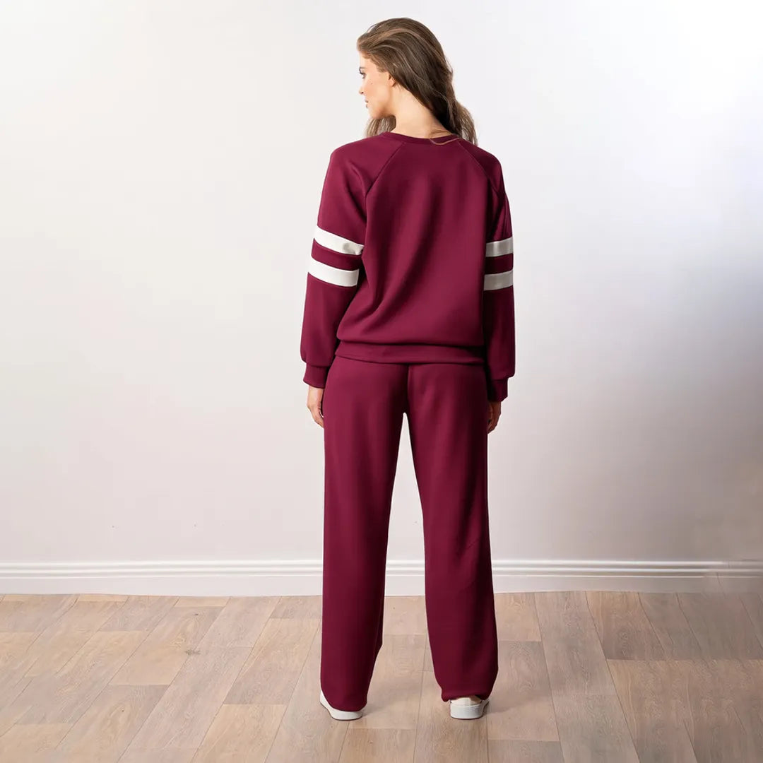Jasmine Stripe Co-ord in wine, back view showing sleeve stripe detail