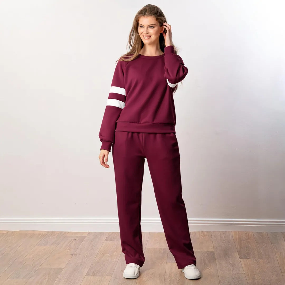 Jasmine Stripe Co-ord in wine, front view with ivory sleeve stripes