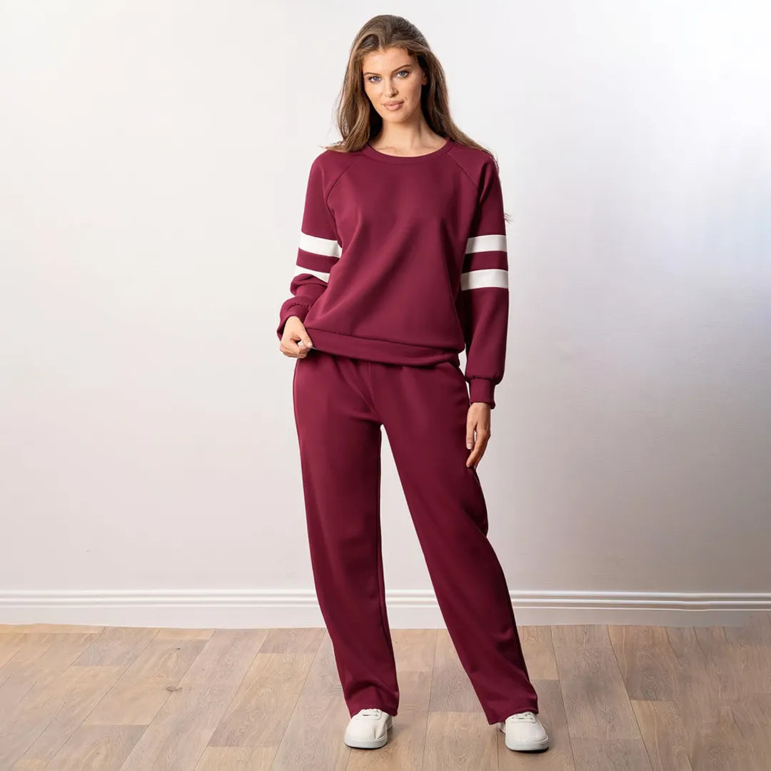 Jasmine Stripe Co-ord in wine, full-length front view with white trainers