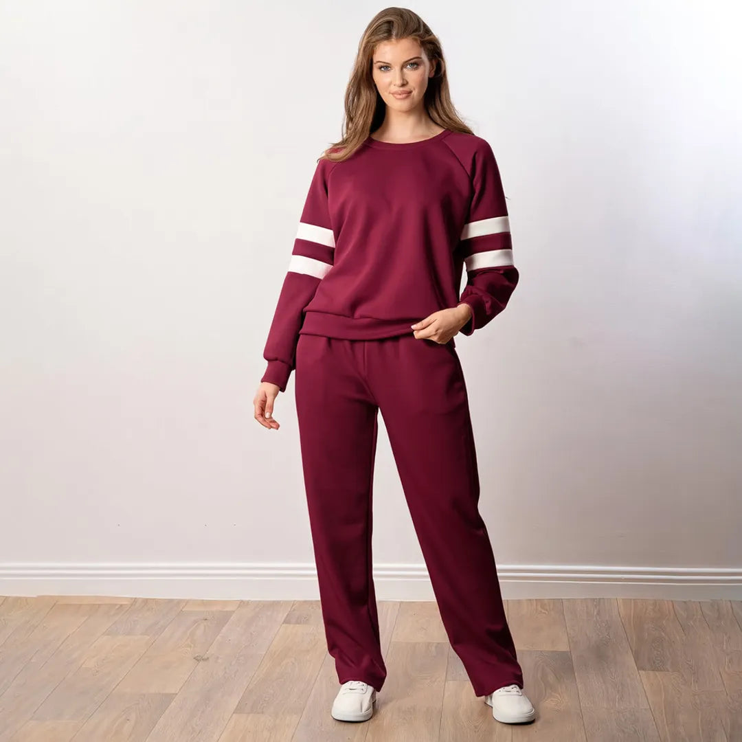 Jasmine Stripe Co-ord in wine, relaxed front view