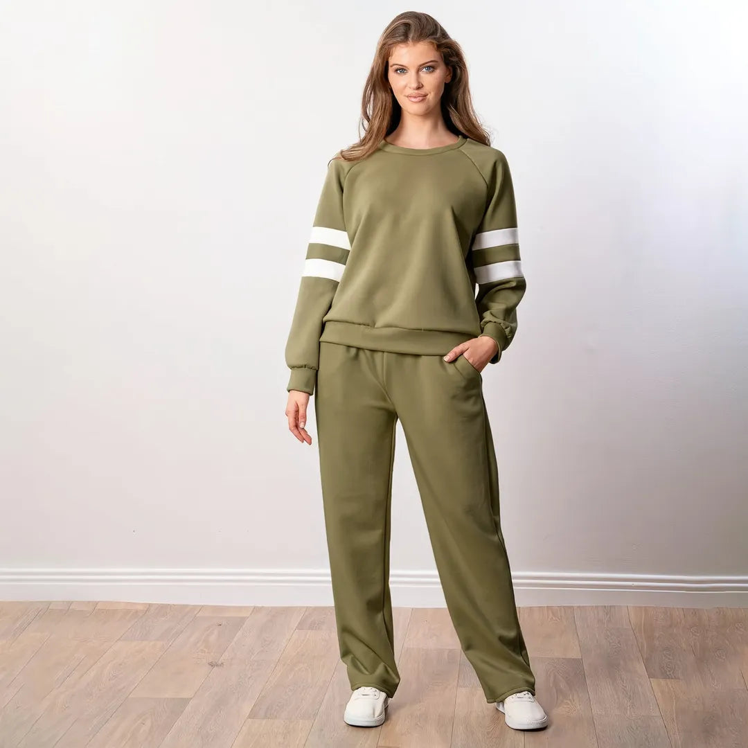 Jasmine Stripe Co-ord in khaki with off-white sleeve stripes, front view