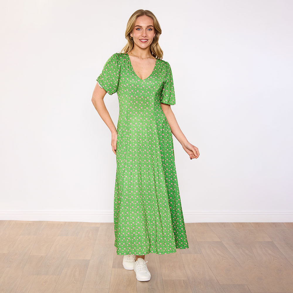 Lucy Dress in green pink star print – women's dress – view 3