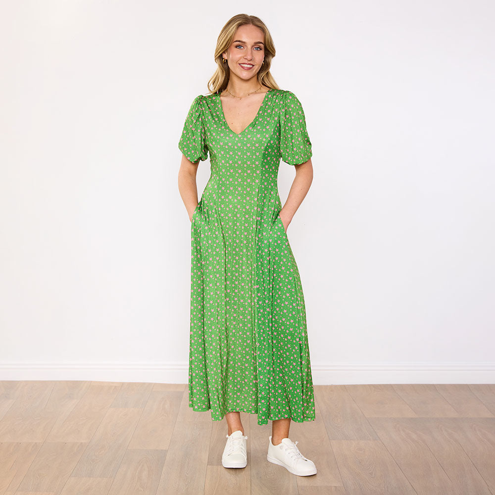 Lucy Dress in green pink star print – women's dress – view 4
