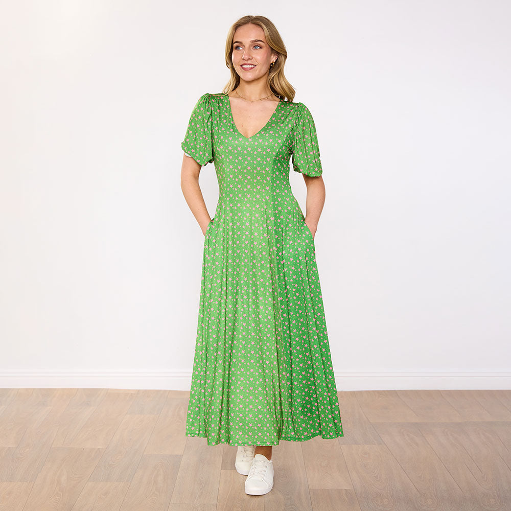 Lucy Dress in green pink star print – women's dress – view 6