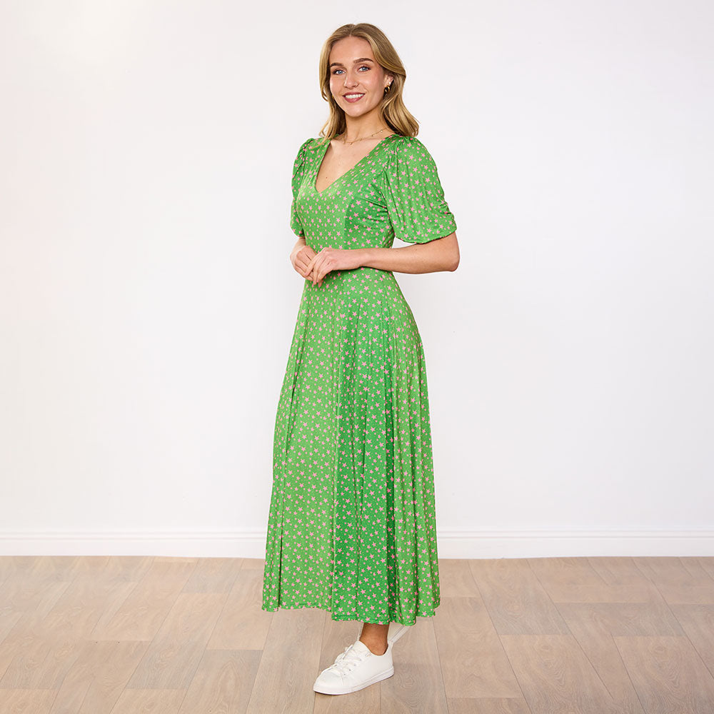 Lucy Dress in green pink star print – women's dress – view 7