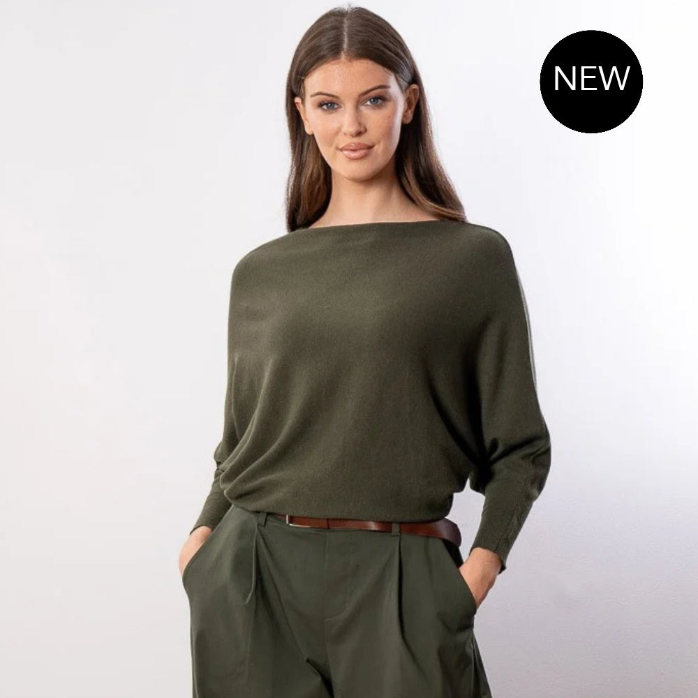 Mariah Batwing Fine Knit Top (Khaki)